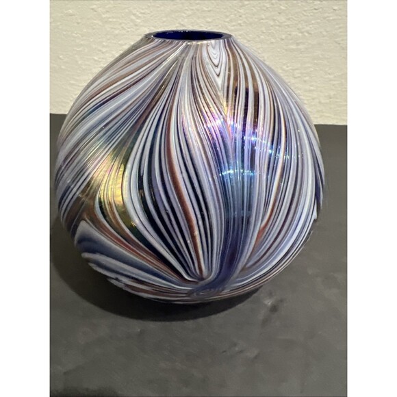 Art Glass Globe Vase with Purple Blue Brown Swirls Sphere Vintage - Picture 2 of 15